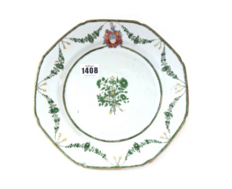 A set of nine Chinese export armorial plates made for the Portuguese market,  Qianlong, circa 1775, each painted in green and