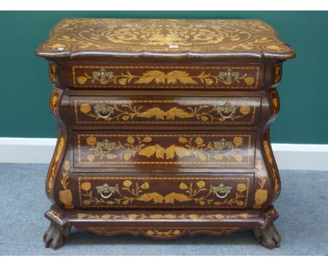 An 18th century Dutch style marquetry inlaid walnut bombe commode of four long drawers, on lions paw feet, 92cm wide. 