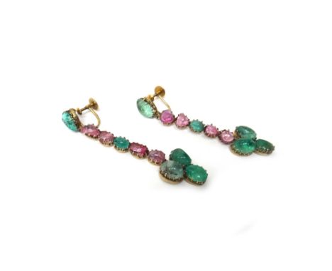 A pair of cabochon emerald, cabochon ruby and gem set earrings, the tops having screw fittings. 