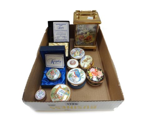 A Kingsley Enamels carriage clock decorated with Highland cattle, 14cm high, together with nine enamel boxes including exampl