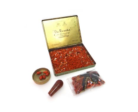 Two coral bead tassel drops, a length of coral chain, two  further links in a similar design, various coral drops, fittings, 