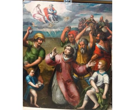 Circle of Juan de Juanes (Juan Masip c.1523-1579), The Stoning of St Stephen, oil on panel, unframed, 116cm x 95cm.Provenance