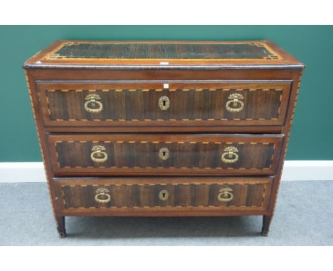 A late 18th century German rosewood mahogany and satinwood commode, with three long drawers, on gilt metal mounted canted squ