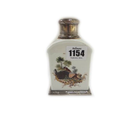 A German porcelain silver-mounted arched rectangular tea caddy, the porcelain probably Meissen, circa 1760, the mounts French