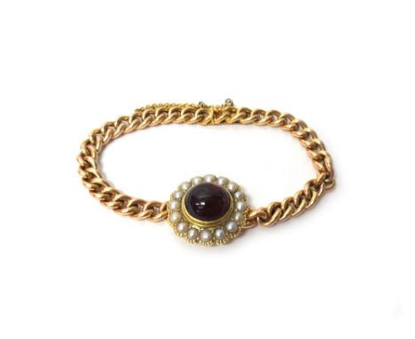 A gold, half pearl and carbuncle garnet set bracelet, mounted with the carbuncle garnet at the centre, within a surround of h