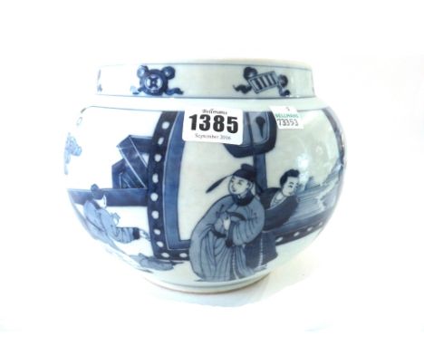 A Chinese porcelain blue and white jardiniere, 20th century, painted in Kangxi style with figurative panels, 17.5cm. high.