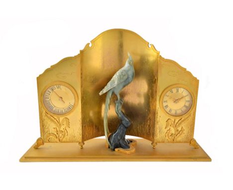 A French Art Deco gilt bronze mantel clock compendium, circa 1930, probably manufactured by ' Hour Lavigne Paris', centred wi