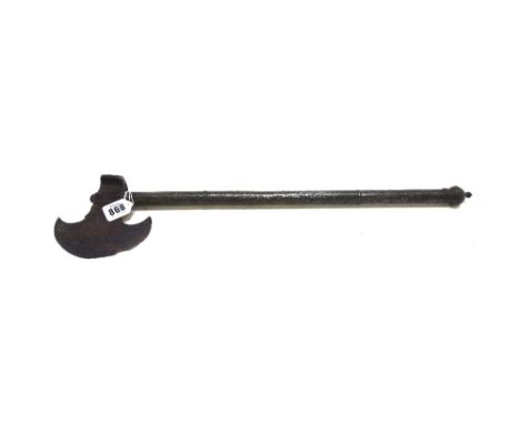 A 16th century style steel hand axe, with crescent shaped blade and tubular handle, 55cm long.