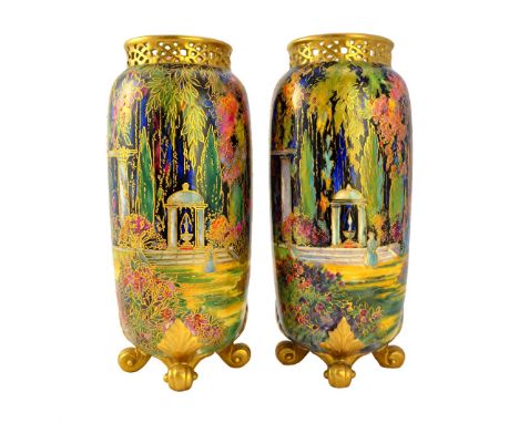 A pair of Royal Worcester Crownware vases, G42 shape, date code 1926, with reticulated rim over a cylindrical body decorated 