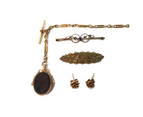 A 9ct gold watch Albert chain, in a twin bar and knot link design, fitted with a 9ct gold T bar, a base metal swivel and with