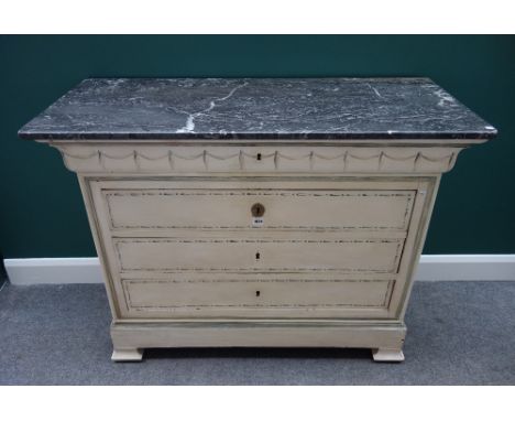 A 20th century French commode, the grey marble top over a cream and green painted base of four long graduated drawers, on spl