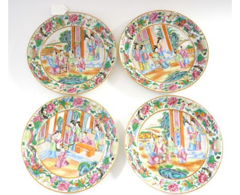 Four small Canton famille-rose plates, mid 19th century, each painted in the centre with a figurative scene, inside a border 