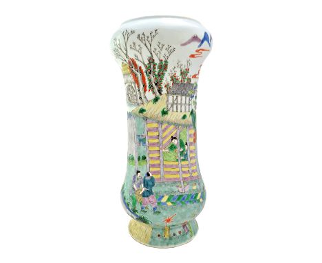 A Chinese famille-verte vase, 19th century, of waisted cylindrical form, painted with figures engaged in various activities, 