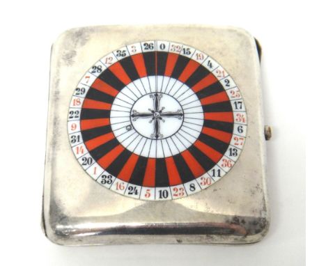 A European silver and enamel cigarette case, the front enamelled with a roulette wheel, the reverse enamelled with a roulette