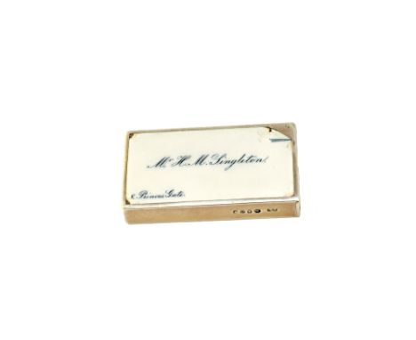 A Victorian silver and enamelled rectangular vesta case, formed as a visiting card, detailed Mr H M Singleton 8 Princes Gate,