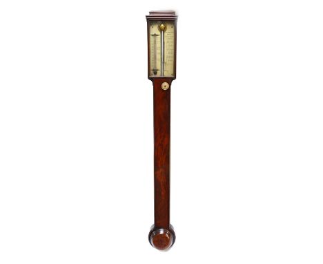 A late George III mahogany stick barometer and thermometer by J Somalvico and Son, Hatton Garden, London, with plinth pedimen