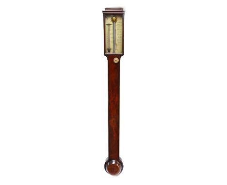 A late George III mahogany stick barometer and thermometer by J Somalvico and Son, Hatton Garden, London, with plinth pedimen