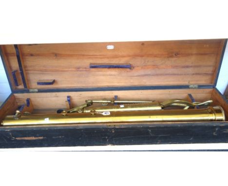 A 3 1/4 inch brass refracting telescope on stand, English, late 19th century, the tube with rack and pinion focusing, support