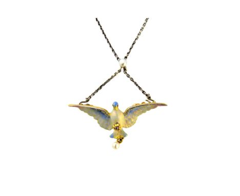 A gold, enamelled and diamond set pendant, designed as a bird without outspread wings, decorated with pastel lilac shaded ena