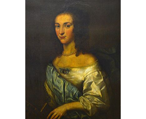 Follower of Adriaen Hanneman, Portrait of Mrs Mountney, holding a guitar, oil on canvas, inscribed, 71.5cm x 57.5cm.  Illustr