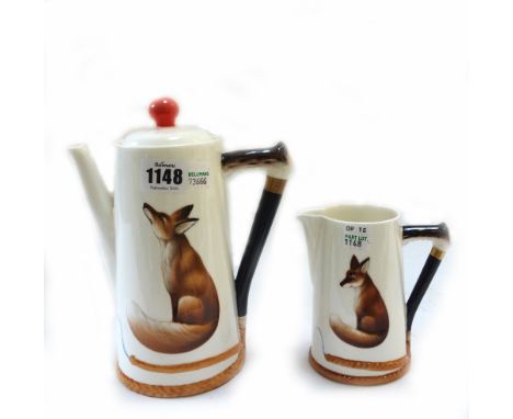 A Royal Doulton 'Reynard the Fox' six piece coffee service, circa 1930, comprising; a coffee pot, 20cm high, a water jug, two