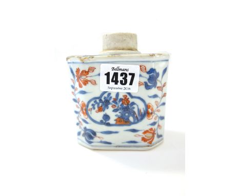 A Chinese Imari tea caddy, circa 1720-50,  of canted rectangular form, painted in underglaze-blue, iron-red and gilding with 