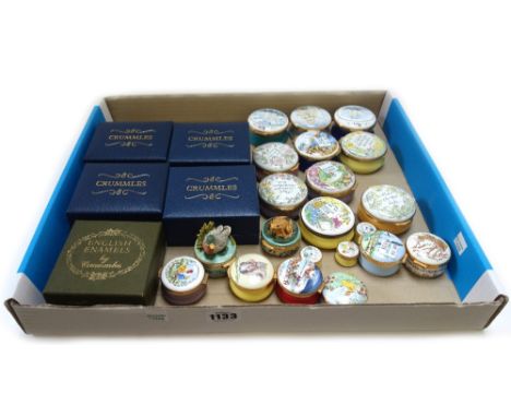 Twenty five Crummels enamel circular boxes, and a Crummels enamel pin cushion. (26)
