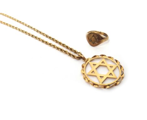 A 9ct gold oval signet ring, ring size S, weight 6.2 gms, a gold Star of David pendant, detailed 750 and a gold ropetwist lin