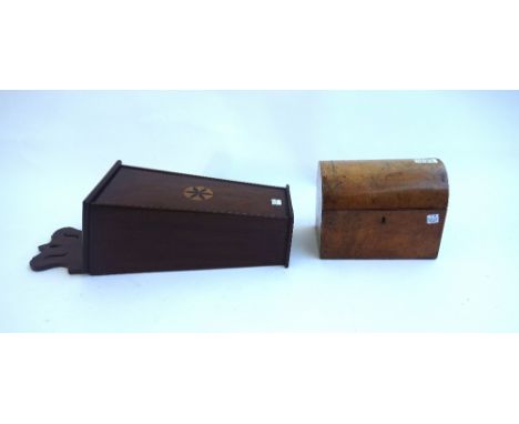A George III inlaid mahogany candle box with pierced fret back, 17cm wide, together with a Victorian walnut dome top twin div