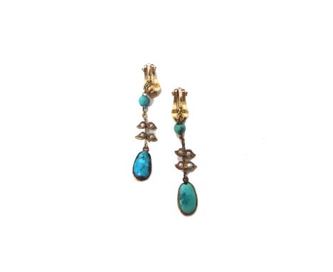 A pair of turquoise and seed pearl pendant earrings, each with the principal oval turquoise to the drop and with seed pearl s