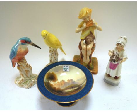 Two Royal Worcester birds; Kingfisher 2666 and Canary 2665, together with two Royal Worcester figures; Peter Pan 3011 and Pol