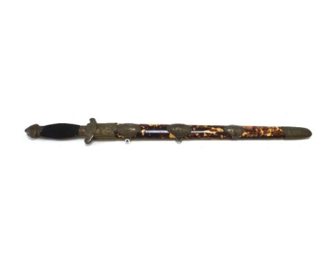 A Chinese short sword, 19th century, with a double edged steel blade, gilt metal hilt, wooden handle and a tortoiseshell boun