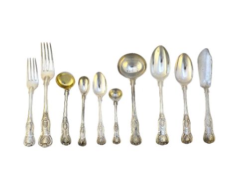 Silver King's pattern table flatware, mostly Victorian, comprising; six table spoons London 1871, four table spoons London 18