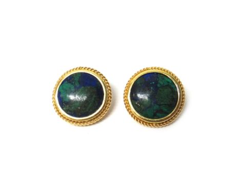 A pair of Tambetti gold and azure-malachite earclips, each of circular form, decorated with a ropetwist border, the backs wit