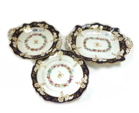 An English porcelain dessert service, probably Ridgway, mid 19th century, pattern no.1557, decorated with a central band of f