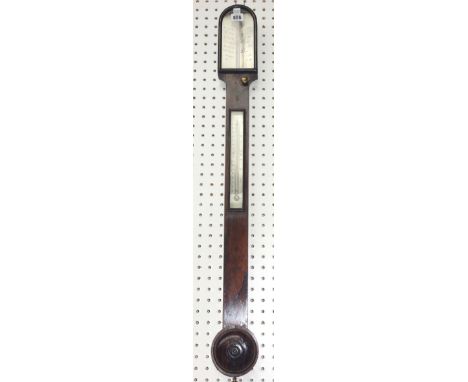 A 19th century rosewood stick barometer with silvered plain plate over a thermometer and circular half block cistern, 92cm lo