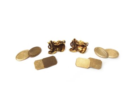 A pair of 9ct gold oval cufflinks, with engine turned decoration, a pair of 9ct gold cut cornered rectangular cufflinks, engi