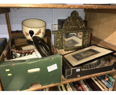 Shelf of assorted, including a brass mirror