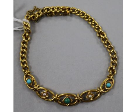 A late Victorian 15ct gold, turquoise and seed pearl set bracelet, gross 6.9 grams.