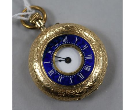 A 14ct gold and blue enamel half hunter fob watch.