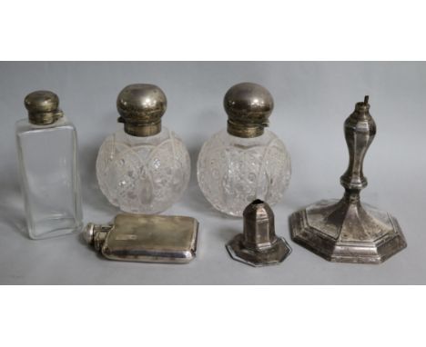 A 1950's engine turned silver hip flask and other silver items.