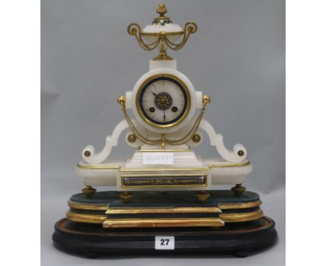 A 19th century French alabaster mantel timepiece, H.43cm.