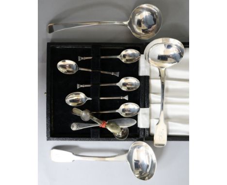 A George III silver sauce ladle, Thomas Tookey two other silver sauce ladles, five silver teaspoons and five small items of f