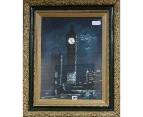 A picture of Big Ben with mother of pearl overlay and a clock face inlaid to the tower, 50 x 37cm