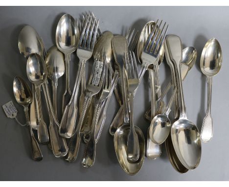 A quantity of assorted 19th century silver fiddle and thread pattern flatware, various dates & makers,, 40.8 oz.
