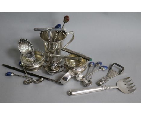 A Victorian silver small toddy ladle, a later silver caddy spoon and a quantity of other items including continental silver.
