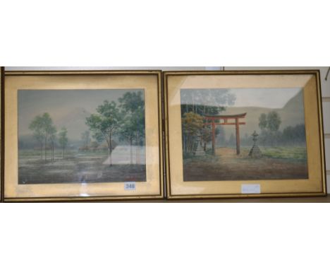 Early 20th century, Japanesepair of watercolourTori Gatesigned Shumin25 x 34cm
