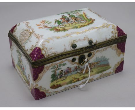 A Dresden porcelain casket and cover, late 19th century, the exterior painted with hunting scenes within scrollwork borders, 