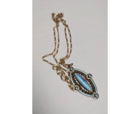 An enamel pendant on a gilt metal long neck chain