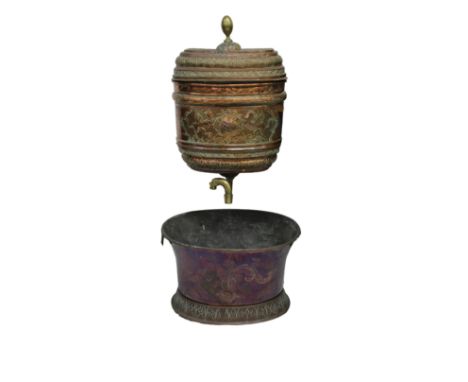 comprising an upper lidded repousse copper lavabo (storage tank) with a brass spigot 24½in. (62.2cm.) high, and below, a repo